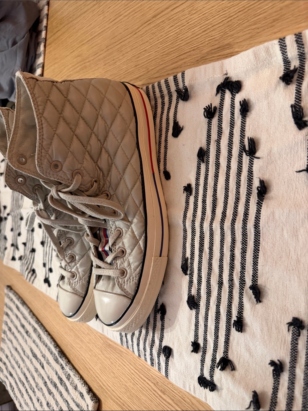 Converse Quilted High-Top Sneakers in Beige with Red & Blue Stripe